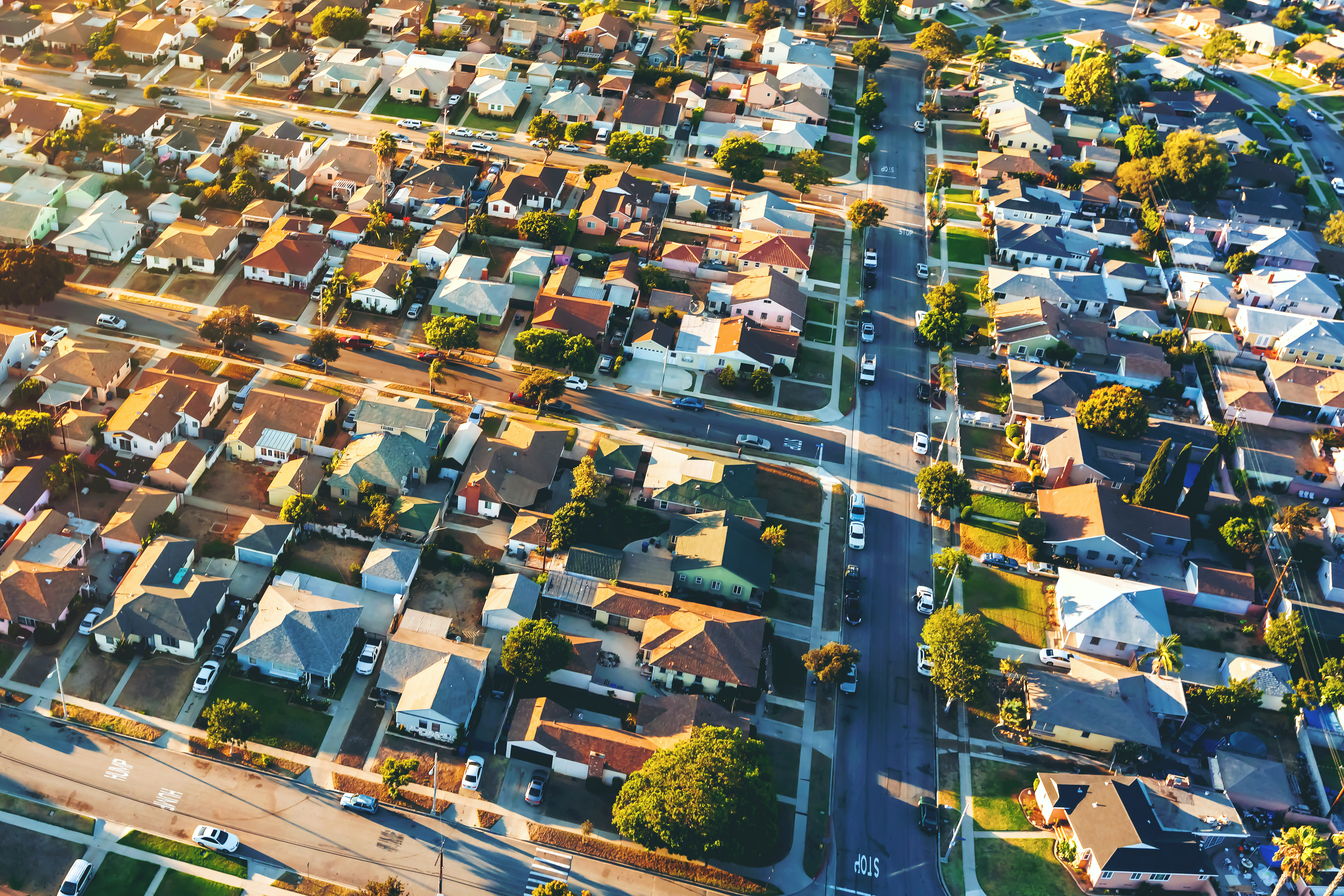 Aerial view of a residential neighborhood in hawthorne in Los Angles, CA